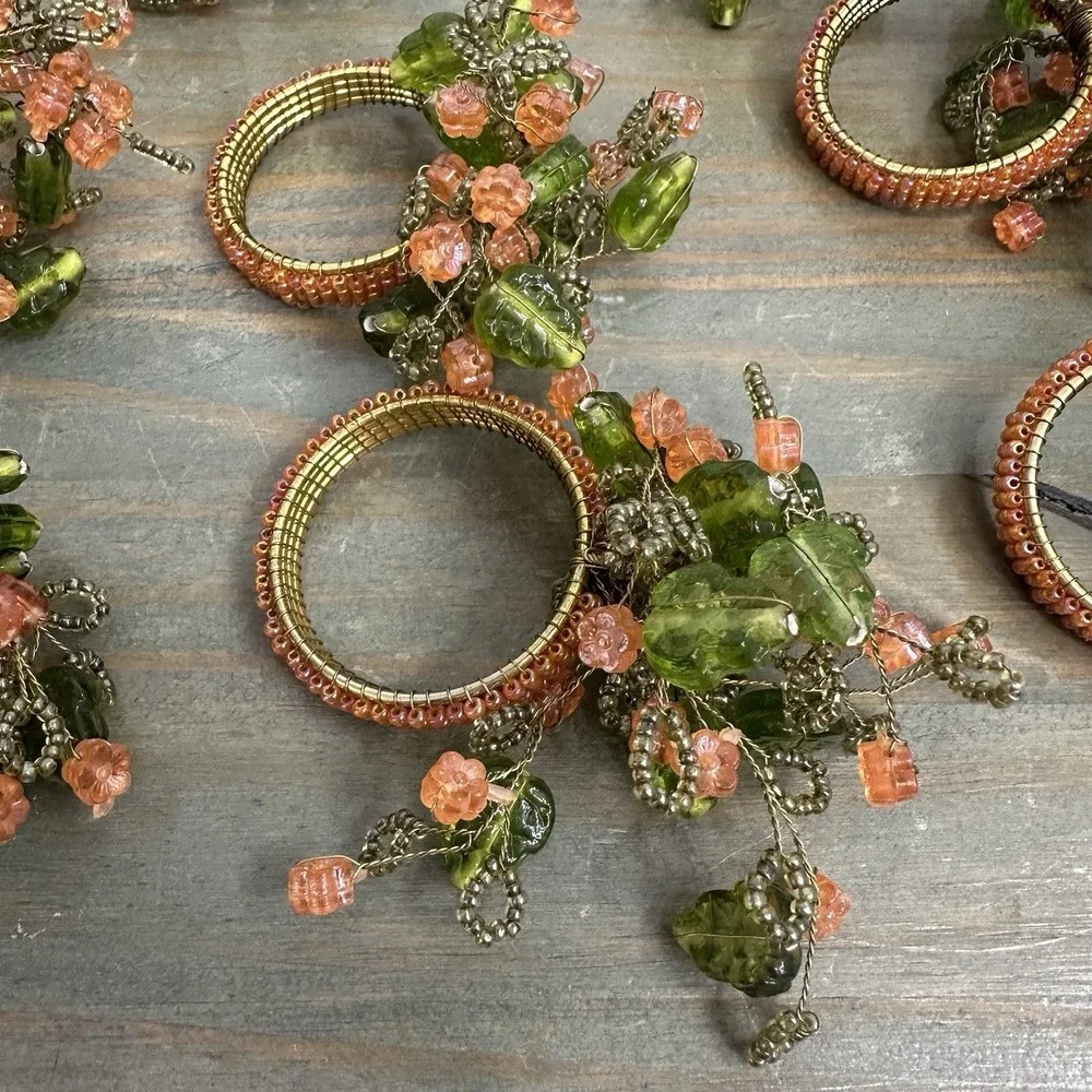 Lot of 8 Beaded Napkin Rings Peach Flowers Green Leaves Flower Spray